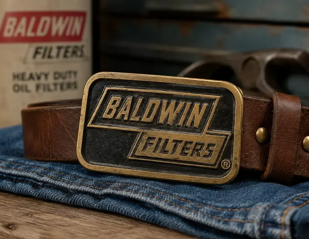 1970s Baldwin Filters Solid Brass Belt Buckle DynaBuckle Mechanic USA Vintage